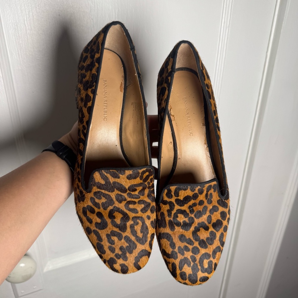 Banana Republic Leopard Cheetah Print Calf Hair Smoking Slipper Heel Size 9 - Picture 2 of 12